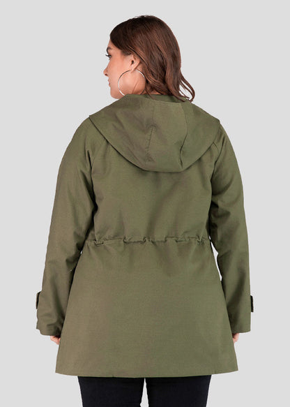 Army Green Patchwork Zippered Drawstring Hoodie Trench Coat Long Sleeve