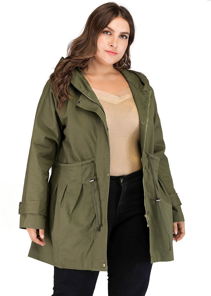 Army Green Patchwork Zippered Drawstring Hoodie Trench Coat Long Sleeve