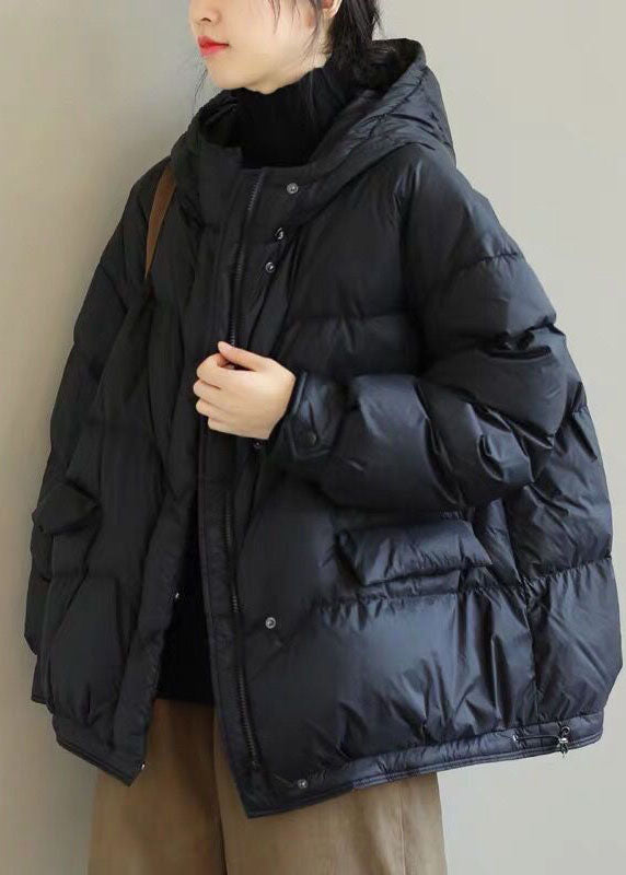 Black Hooded Drawstring Duck Down Puffer Jacket Winter