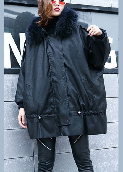 Black Hooded Fur Collar Warm Drawstring Winter Cotton Pu