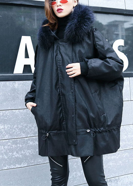 Black Hooded Fur Collar Warm Drawstring Winter Cotton Pu