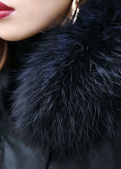 Black Hooded Fur Collar Warm Drawstring Winter Cotton Pu