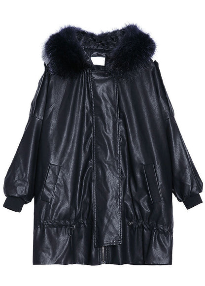 Black Hooded Fur Collar Warm Drawstring Winter Cotton Pu