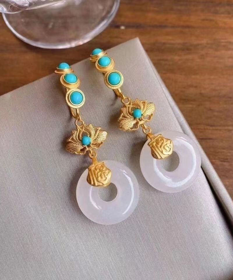 Blue Sterling Silver Overgild Inlaid Pearl Turquoise Drop Earrings Tw1039