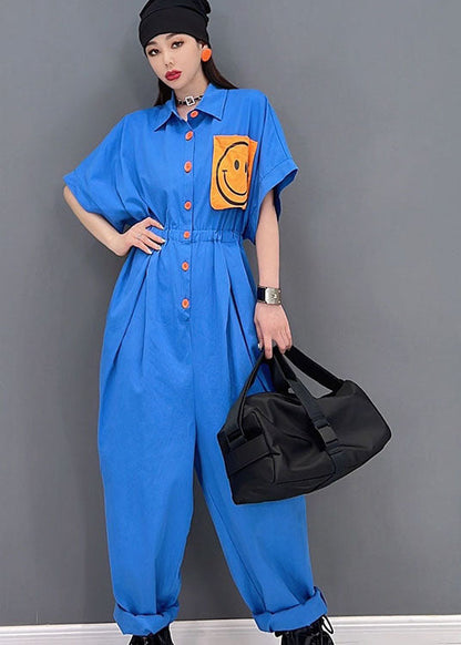 Blue Turn-down Collar Drawstring Smile Applique Button Cotton Overalls Jumpsuit Short Sleeve