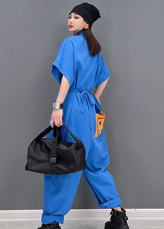 Blue Turn-down Collar Drawstring Smile Applique Button Cotton Overalls Jumpsuit Short Sleeve