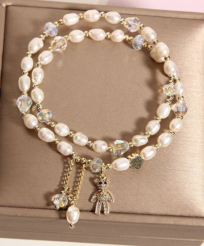 Champagne Alloy Inlaid Pearl Gem Stone Little Bear Charm Bracelet