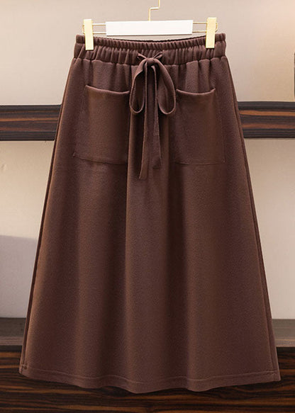 Coffee Drawstring Pockets Patchwork Cotton a Iine Skirts Fall