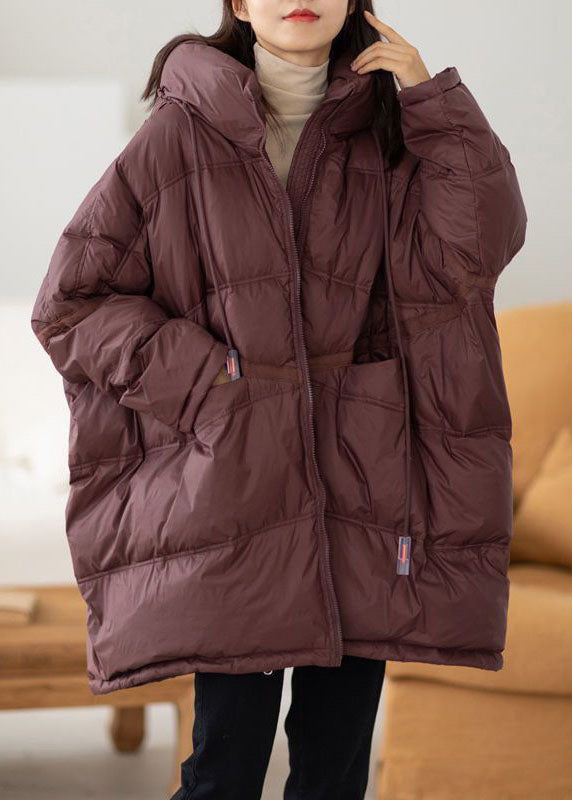 Chocolate Hooded Oversized Drawstring Thick Canada Goose Jacket Batwing Sleeve
