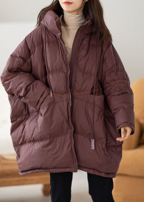 Chocolate Hooded Oversized Drawstring Thick Canada Goose Jacket Batwing Sleeve