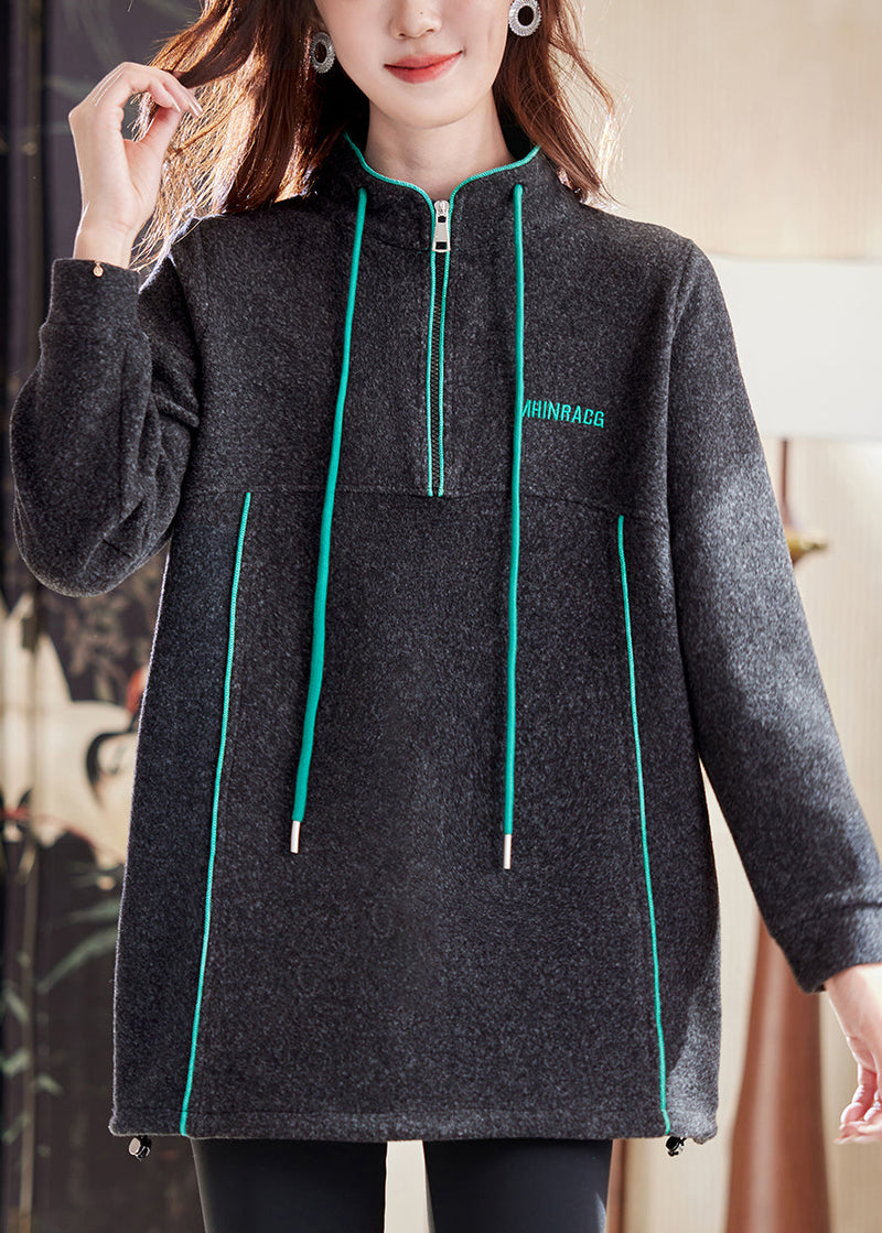 Dark Gray Zip Up Drawstring Patchwork Cotton Sweatshirts Winter