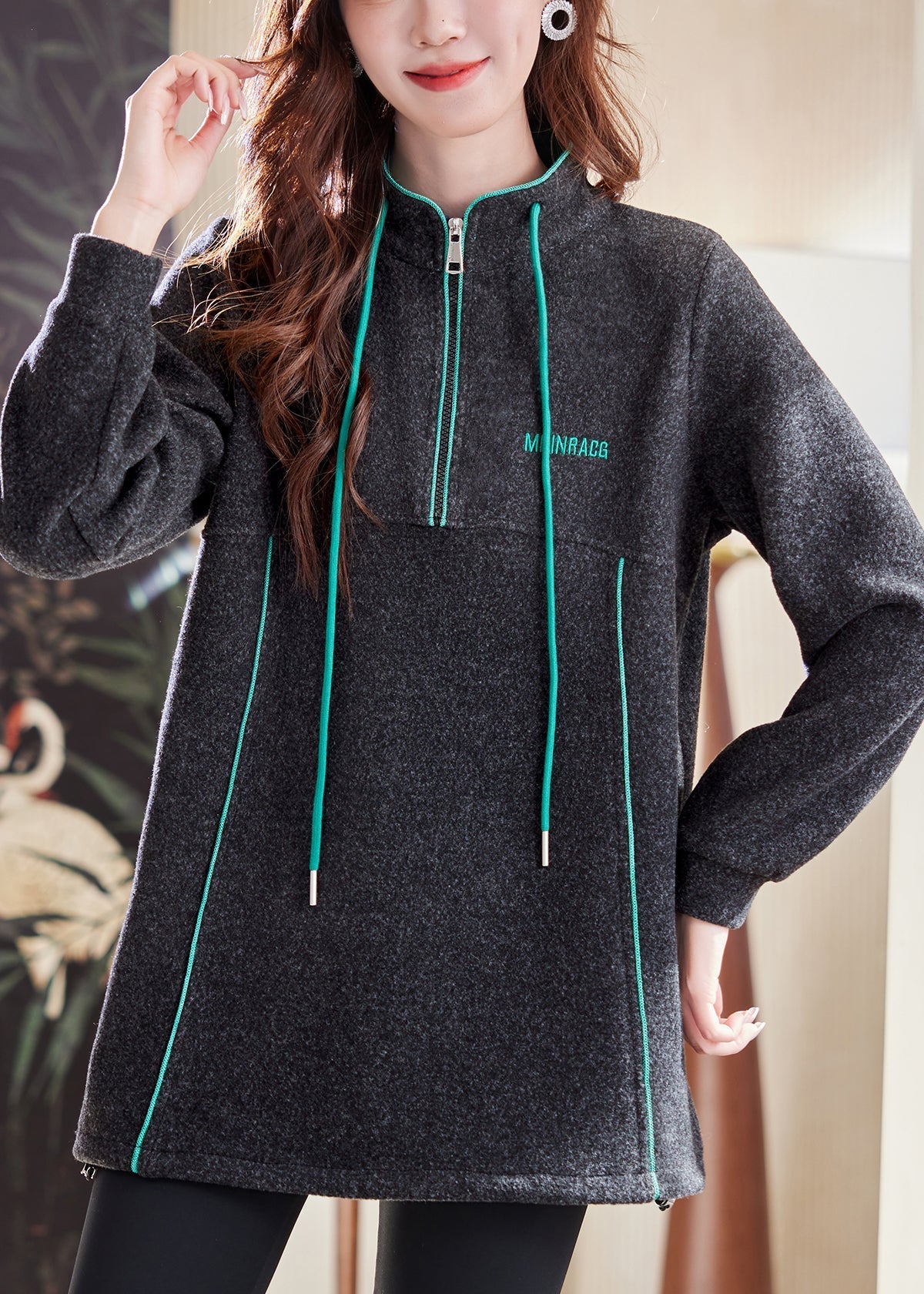 Dark Gray Zip Up Drawstring Patchwork Cotton Sweatshirts Winter