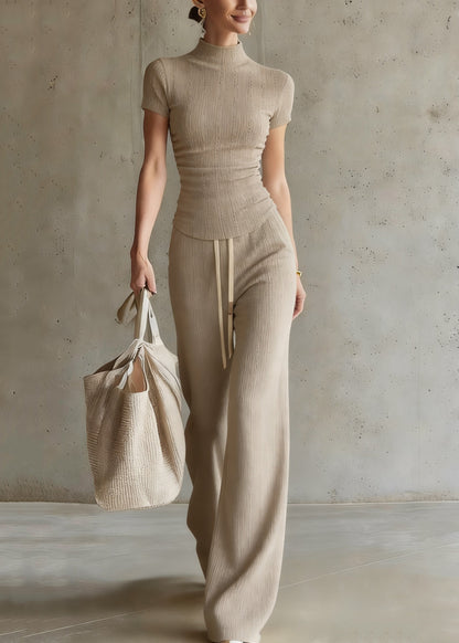 Drawstring Top and Wide Leg Pants Two Piece Set Short Sleeve