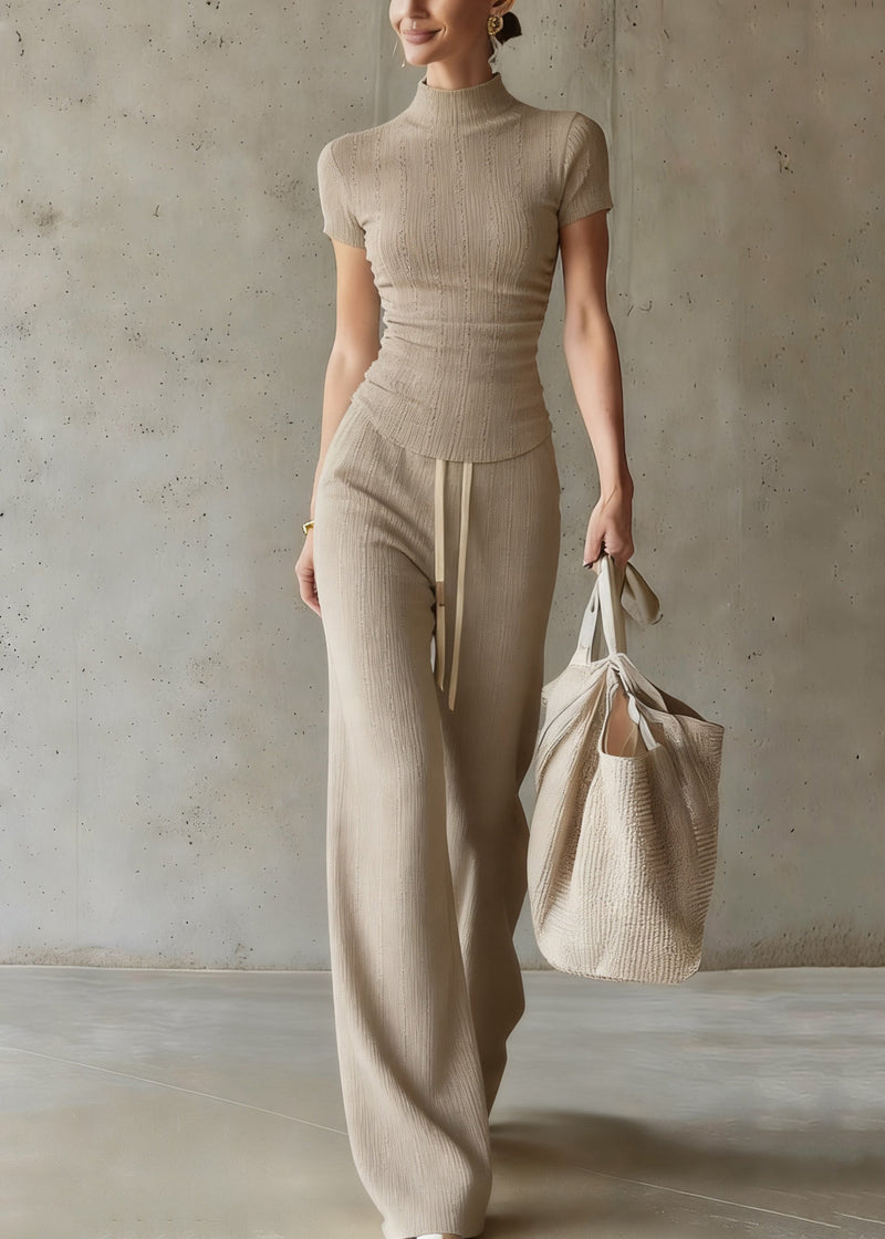 Drawstring Top and Wide Leg Pants Two Piece Set Short Sleeve