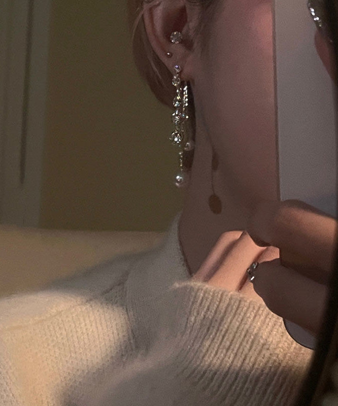 Gold Copper Alloy Zircon Pearl Tassel Drop Earrings