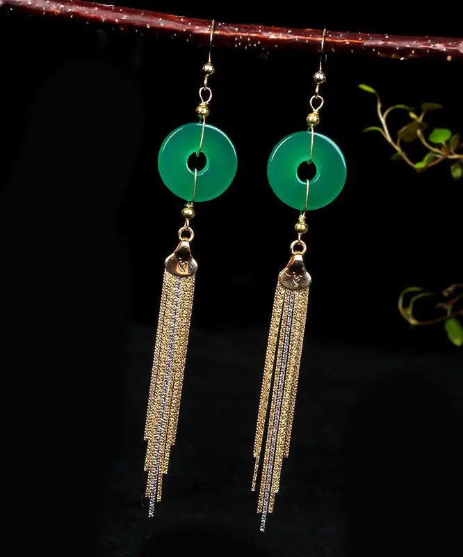 14k Gold Ping Buckle Chalcedony Tassel Drop Earrings