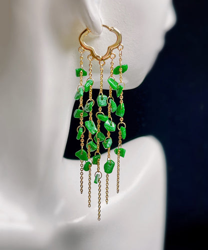 Green Sterling Silver 14k Gold Jade Tassel Drop Earrings Kx1003