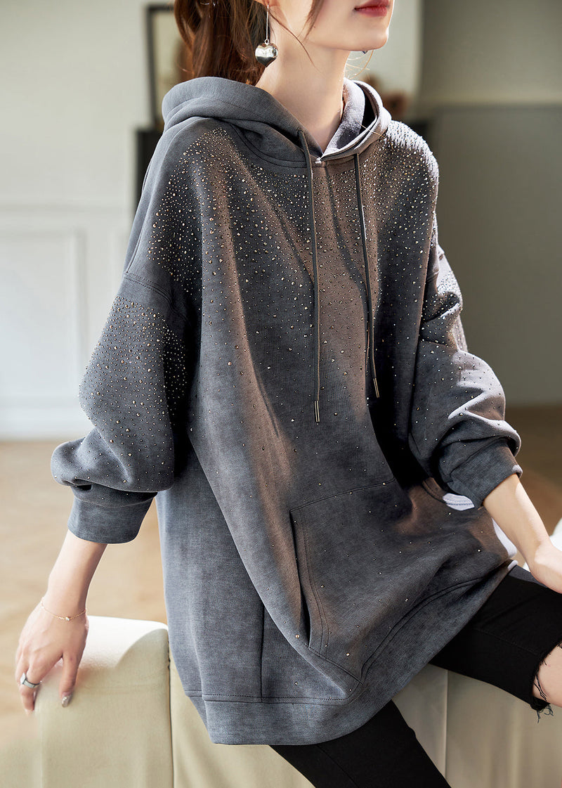 Grey Drawstring Zircon Pockets Hooded Sweatshirts Lantern Sleeve