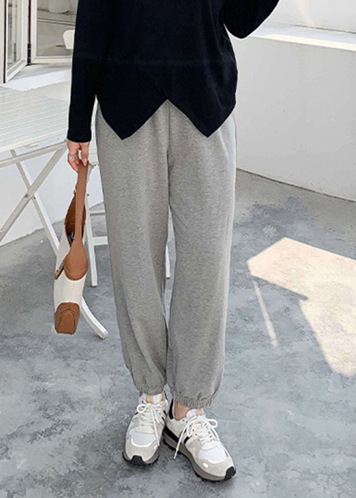 Grey Oversized Drawstring Cotton Sweatshirt Pants Fall