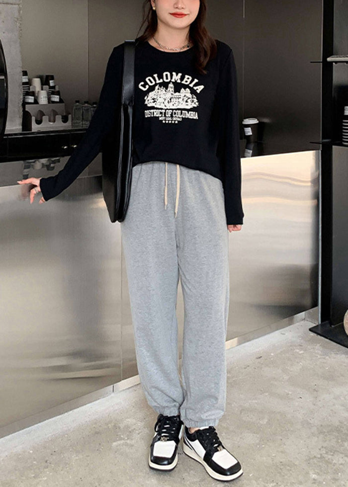 Grey Oversized Drawstring Cotton Sweatshirt Pants Fall