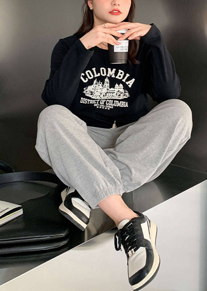 Grey Oversized Drawstring Cotton Sweatshirt Pants Fall