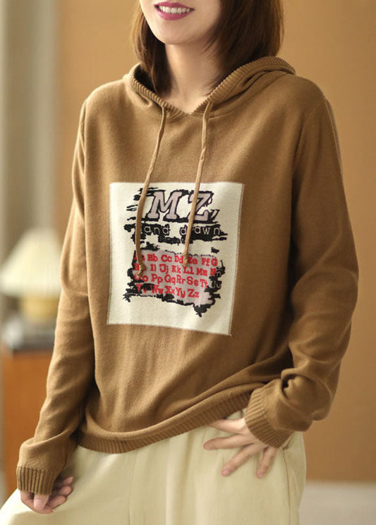 Khaki Hooded Drawstring Print Fall Knit Sweater