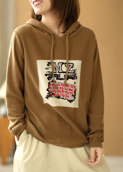 Khaki Hooded Drawstring Print Fall Knit Sweater