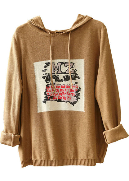 Khaki Hooded Drawstring Print Fall Knit Sweater
