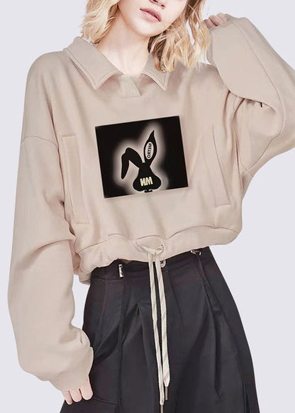 Khaki Peter Pan Collar Print Drawstring Sweatshirts Fall