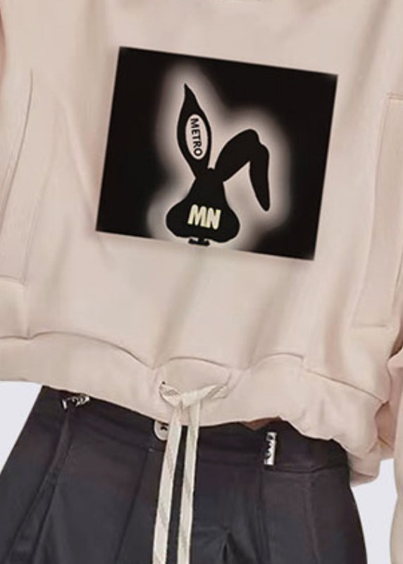 Khaki Peter Pan Collar Print Drawstring Sweatshirts Fall