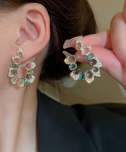 Rainbow Copper Zircon Crystal Asymmetric U Shaped Hoop Earrings