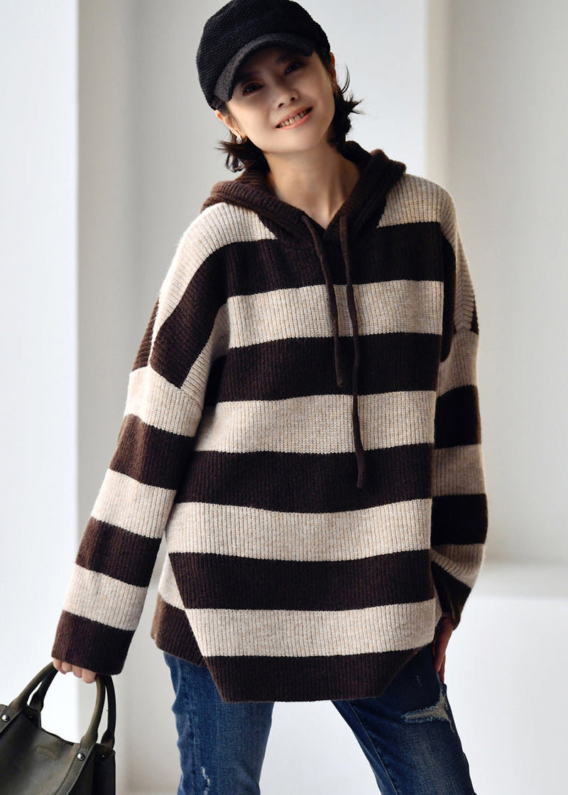 Apricot Coffee Colour Striped Patchwork Drawstring Cotton Knit Hooded Sweaters Fall