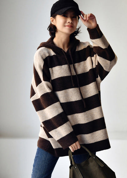 Apricot Coffee Colour Striped Patchwork Drawstring Cotton Knit Hooded Sweaters Fall