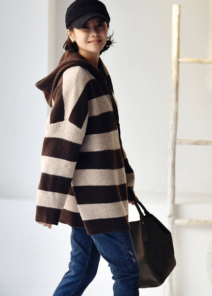 Apricot Coffee Colour Striped Patchwork Drawstring Cotton Knit Hooded Sweaters Fall