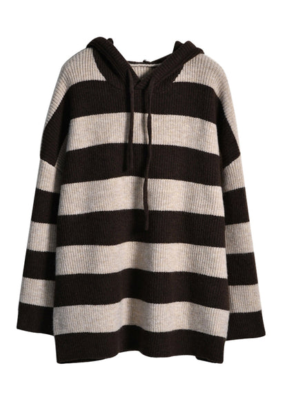 Apricot Coffee Colour Striped Patchwork Drawstring Cotton Knit Hooded Sweaters Fall