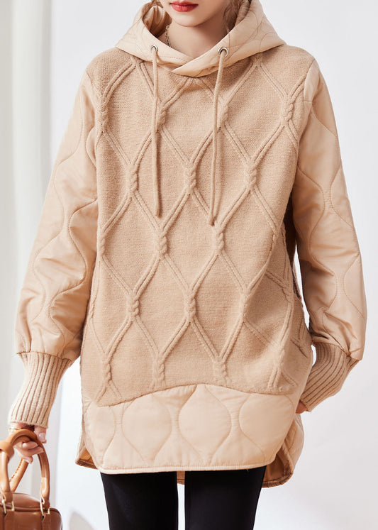 Apricot Drawstring Patchwork Low High Design Fake Two Pieces Hooded Knit Sweater Winter