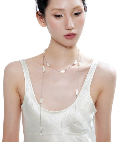 Beige Asymmetric Pearl Double Chain Alloy Necklace