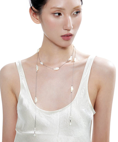 Beige Asymmetric Pearl Double Chain Alloy Necklace