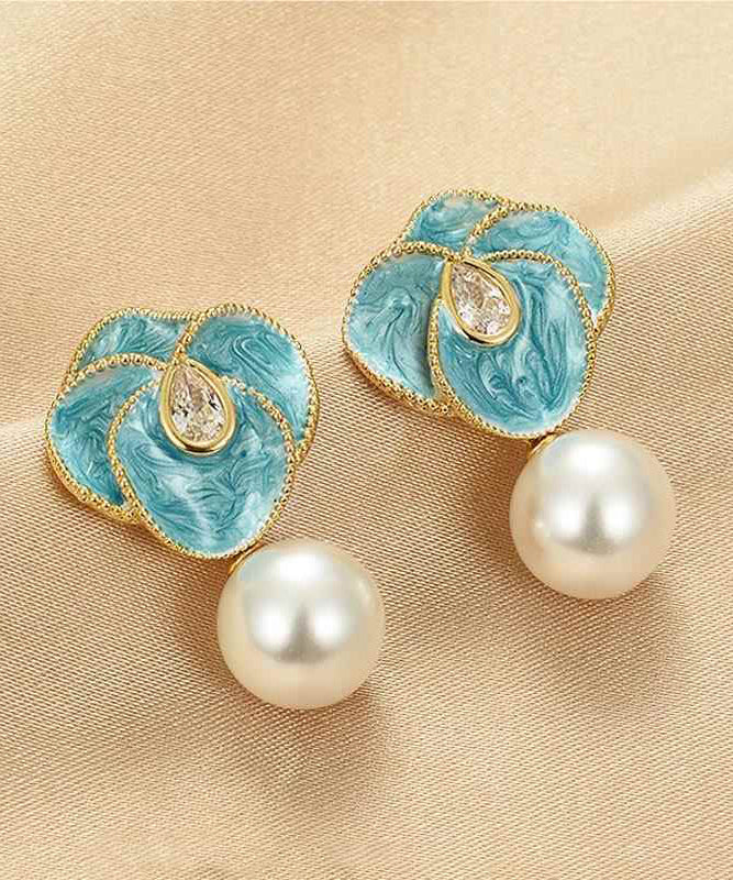 Blue Copper Alloy Pearl Enamel Drop Earrings