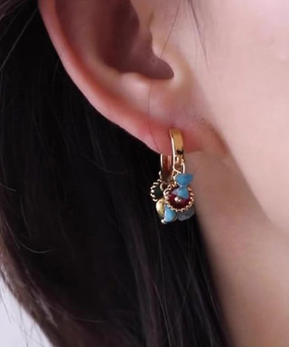 Blue Copper Overgild Asymmetrical Natural Stone Hoop Earrings