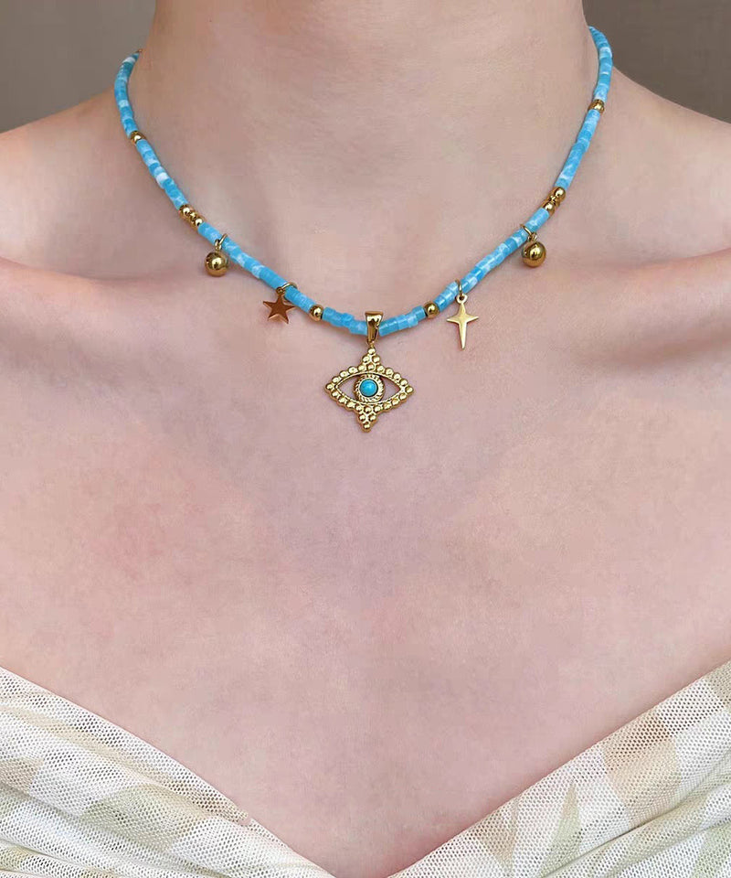 Blue Stainless Steel Crystal Butterfly Beading Pendant Necklace Three-piece Set