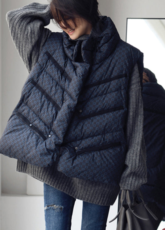 Blue Stand Collar Drawstring Print Button Duck Down Filled Waistcoat Winter