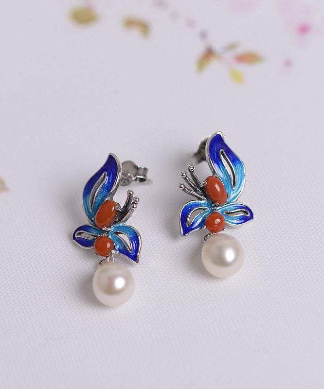 Blue Sterling Silver Cloisonne Jade Pearl Butterfly Stud Earrings Tw1052