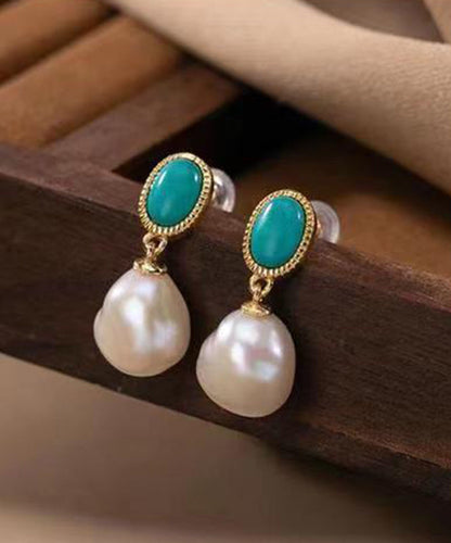 Blue Sterling Silver Overgild Turquoise Pearl Drop Earrings
