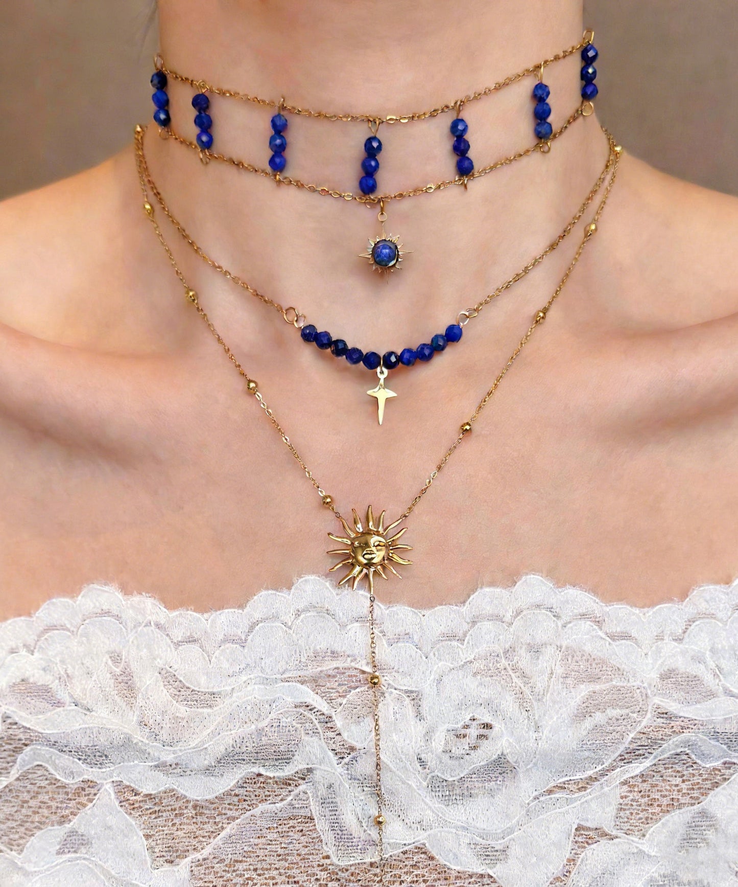 Blue Wenshixing Solar Tassel Layering Alloy Three Piece Set Pendant Necklace