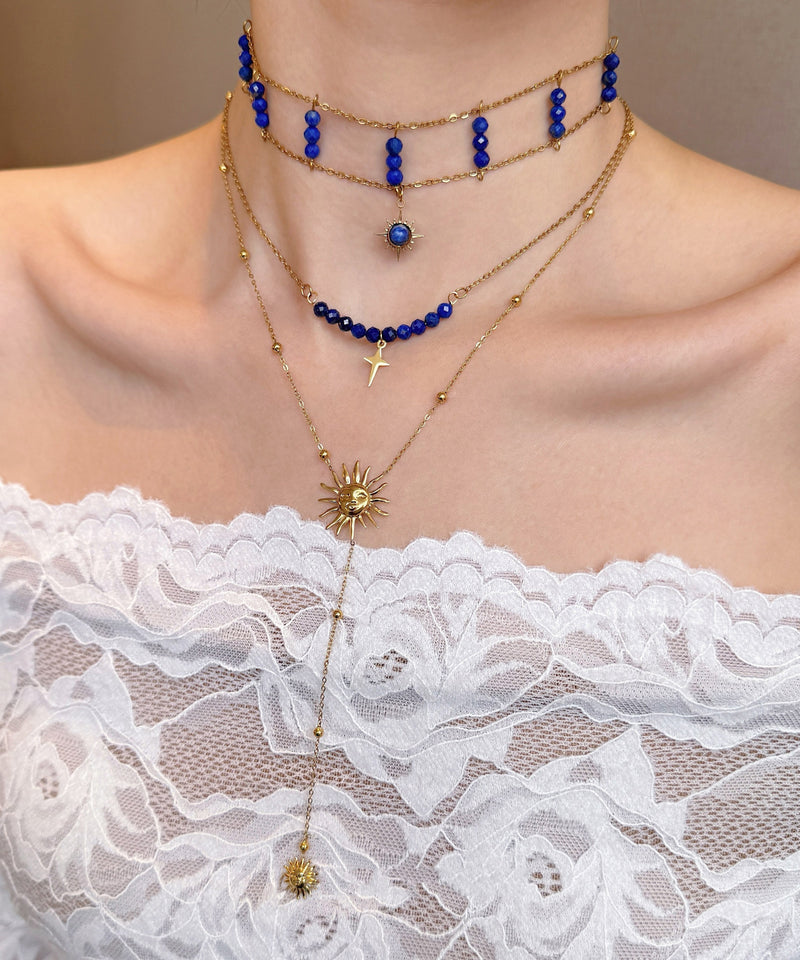 Blue Wenshixing Solar Tassel Layering Alloy Three Piece Set Pendant Necklace