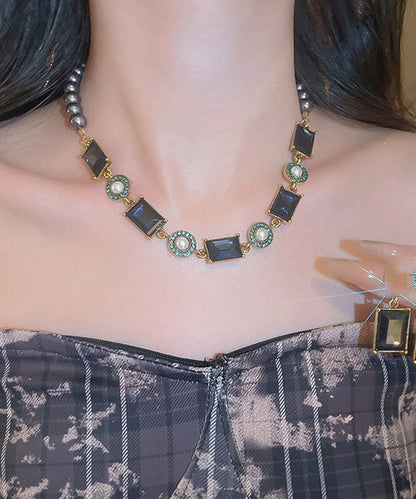Colorblock Alloy Pearl Zircon Collar Necklace