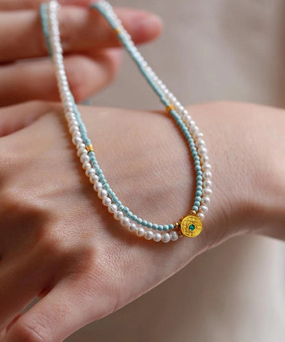 Colorblock Alloy Turquoise Pearl Double Layer Beading Gratuated Bead Necklace Wo001