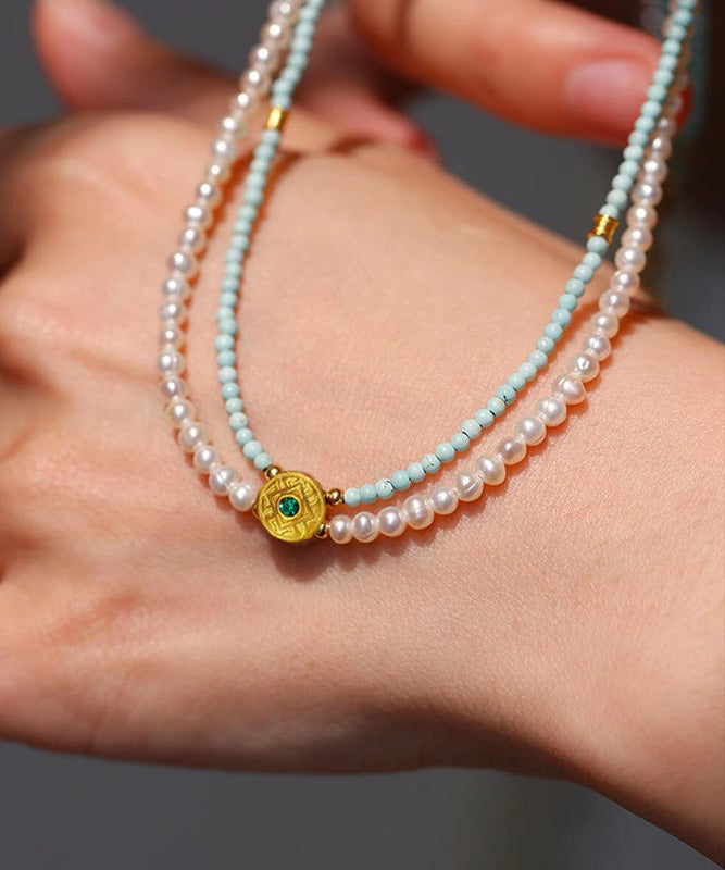 Colorblock Alloy Turquoise Pearl Double Layer Beading Gratuated Bead Necklace