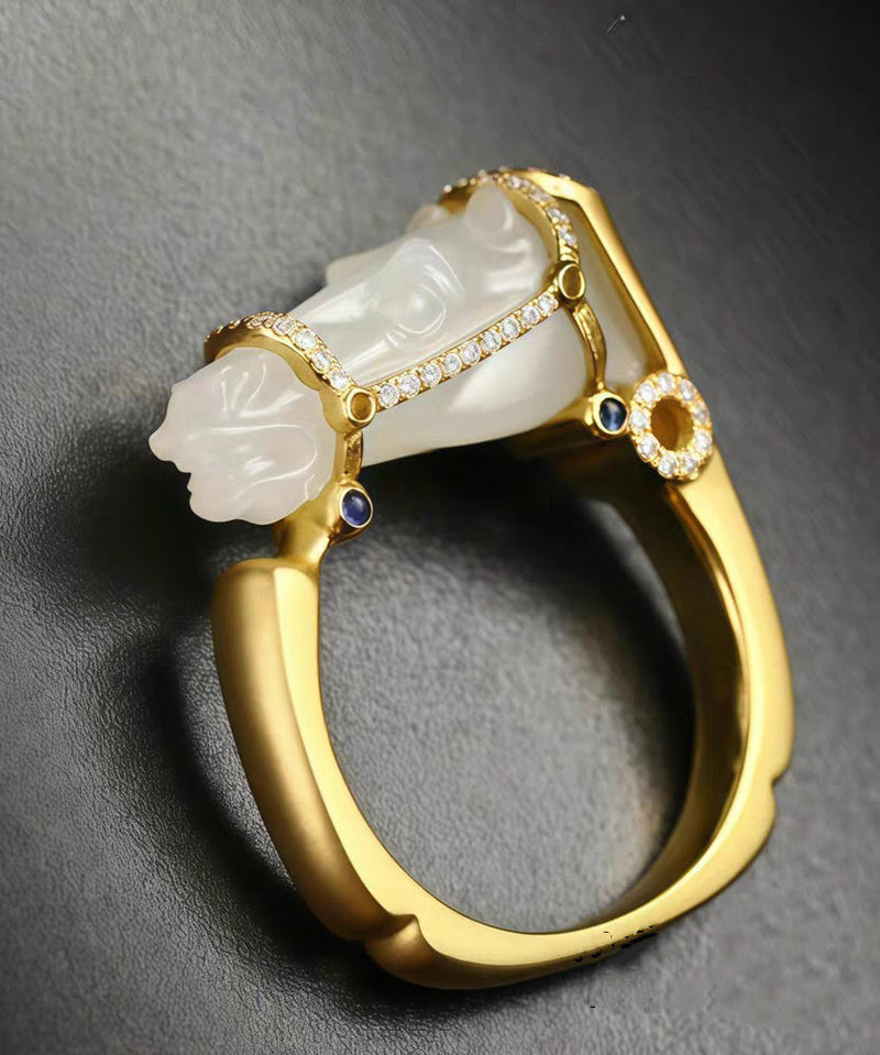 Gold Horse Head Jade Zircon 14k Gold Rings